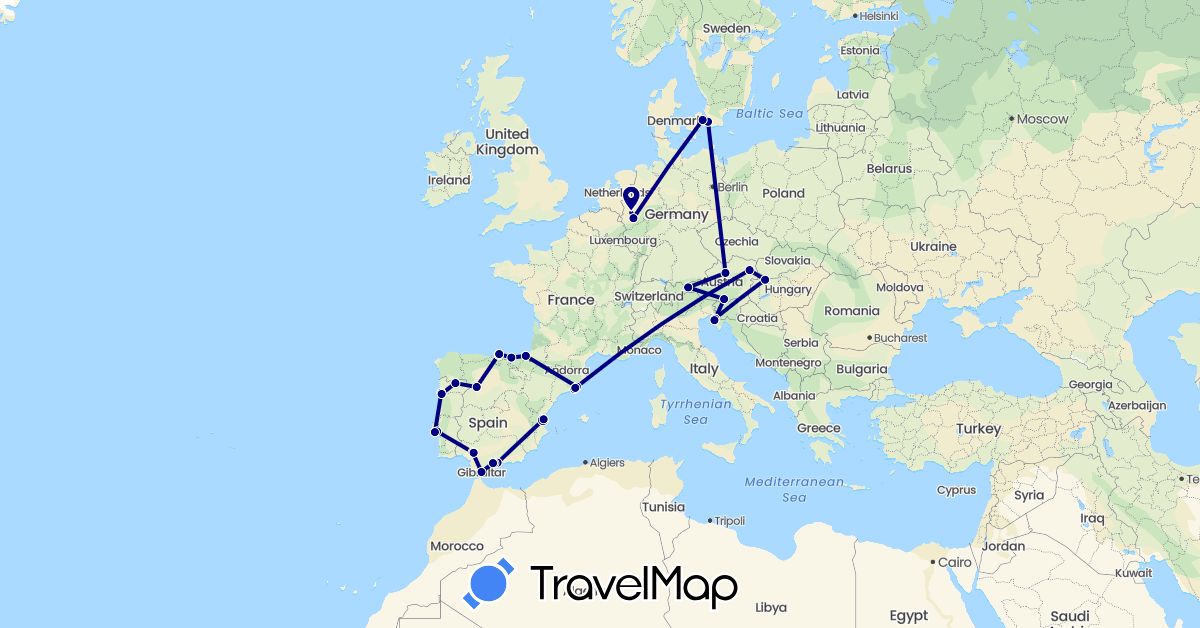 TravelMap itinerary: driving in Austria, Germany, Denmark, Spain, France, Gibraltar, Croatia, Hungary, Portugal, Sweden, Slovenia (Europe)